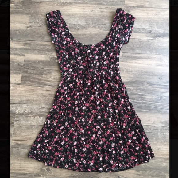 Tilly’s Black + Pink Floral Fitted Skater Dress